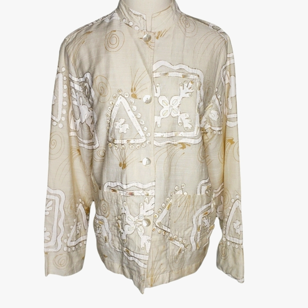 Vtg Embellished Cream Jacket M Mockneck Collar Applique Metallic Shells Sequins